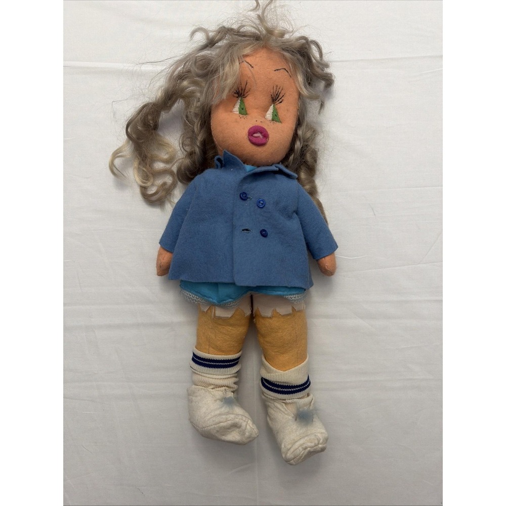 Vintage 1980s In Cloth Rag Doll Blonde Curly Hair Blue Coat Green Eyes‎